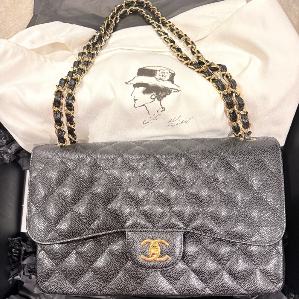 Authentic Classic Chanel Large (Jumbo) in Black Caviar with Gold Hardware